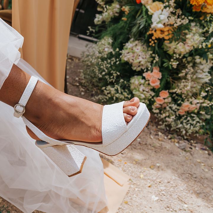 White sparkly platform wedding shoes with ankle strap 