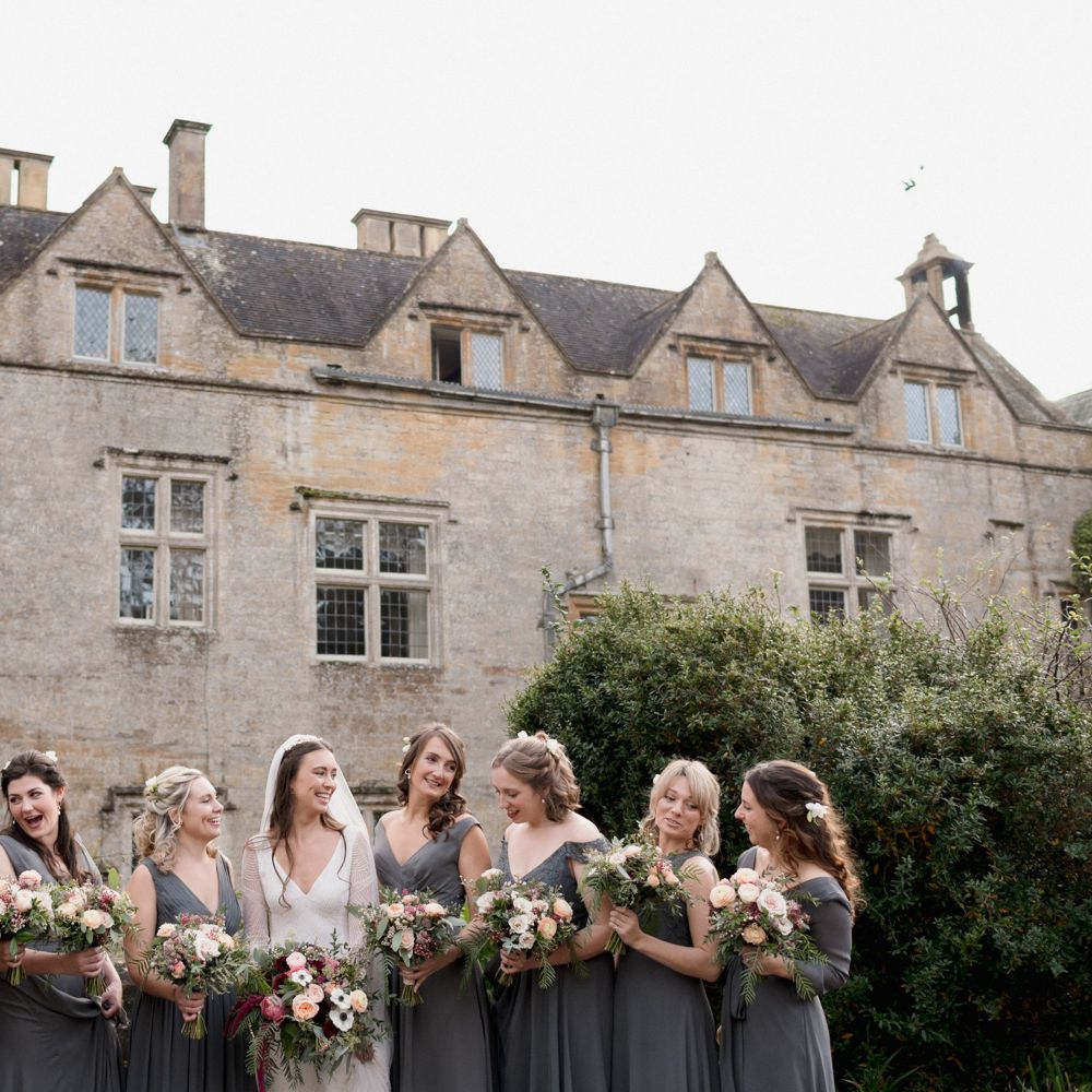 Brympton House wedding bridesmaids wearing grey bridesmaid dresses