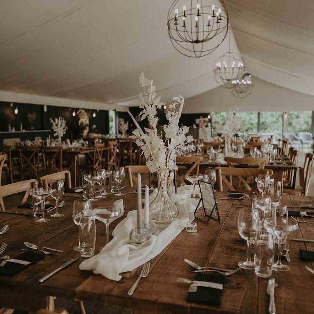 Pylewell Park wedding venue with rustic tables and dried flower decor