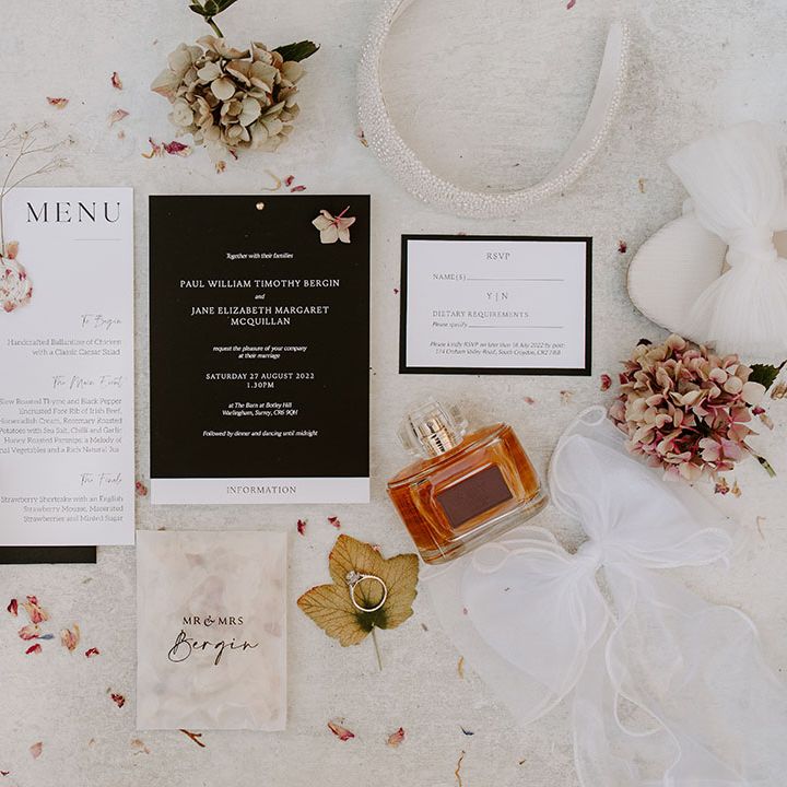 White & black wedding stationery beside Loeffler Randall bridal shoes and perfume