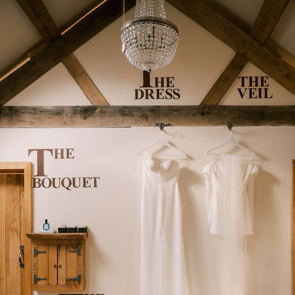 The Tythe Barn wedding venue bridal suite with space for the bride's Bon Bride wedding dress and Jimmy Choo pearl shoes 