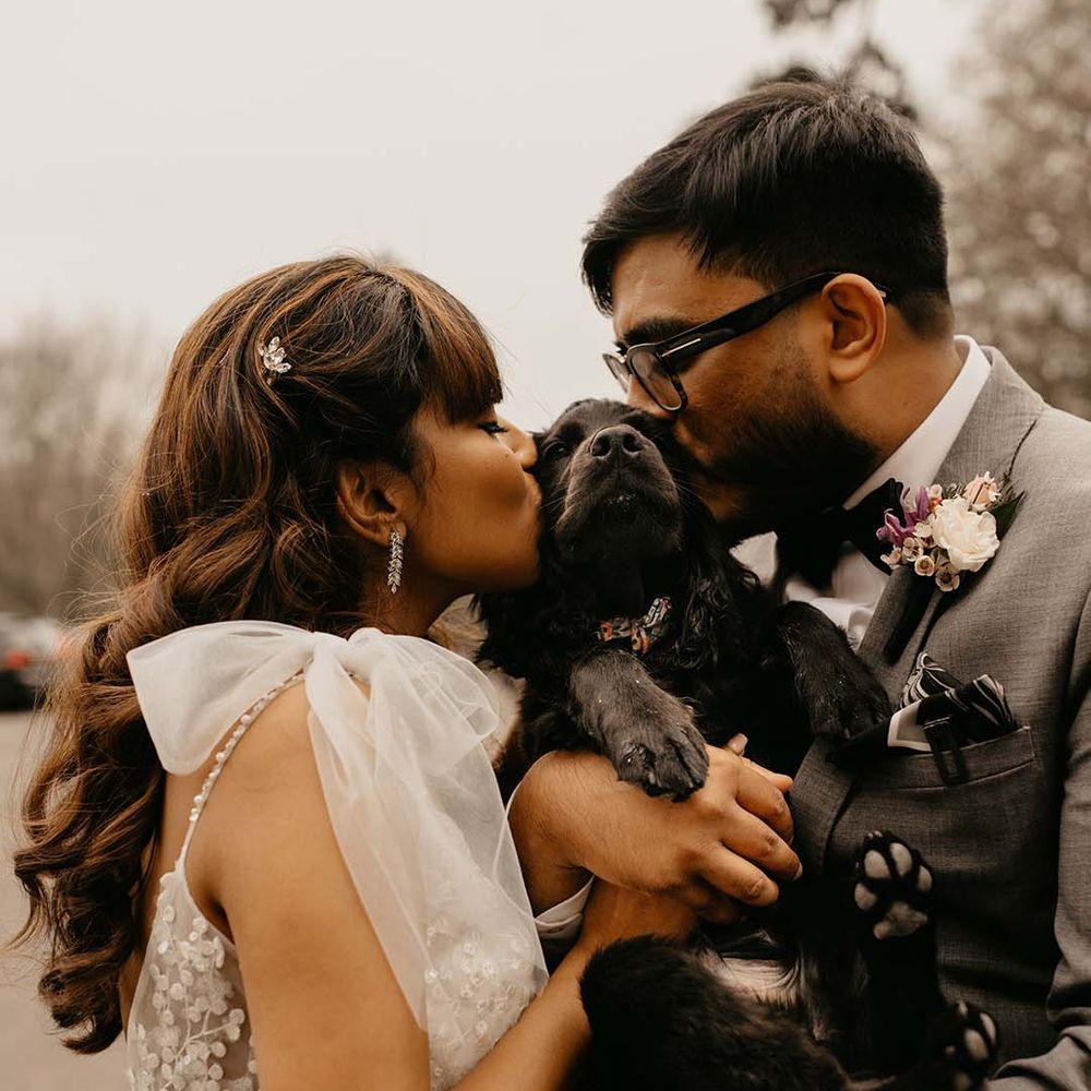 Bride in white wedding dress with silver hair accessories and earrings holding black puppy with groom in grey suit