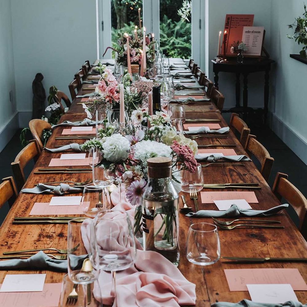 Light pink and grey themed wedding tablescape at Treseren country house wedding venue
