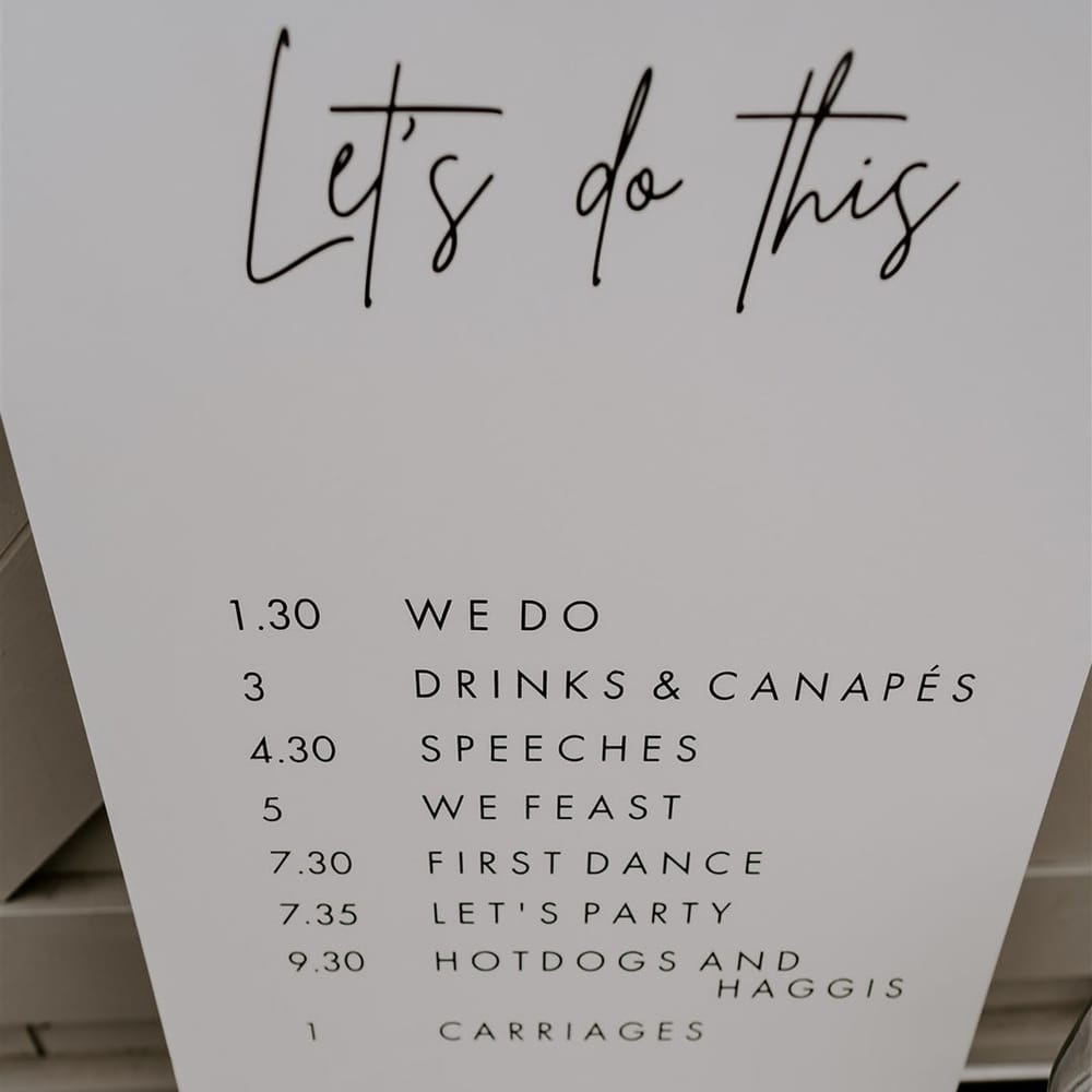 Clean simple and minimal order of the day wedding sign 