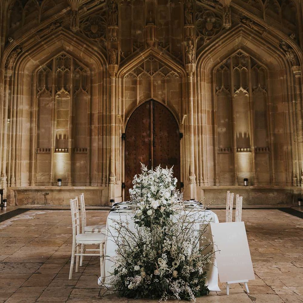 Intimate monochrome wedding at Bodleian Library with black and white table decor and flowers 