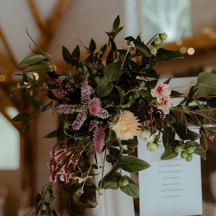 Colourful flowers and foliage decorate the wedding table plan 