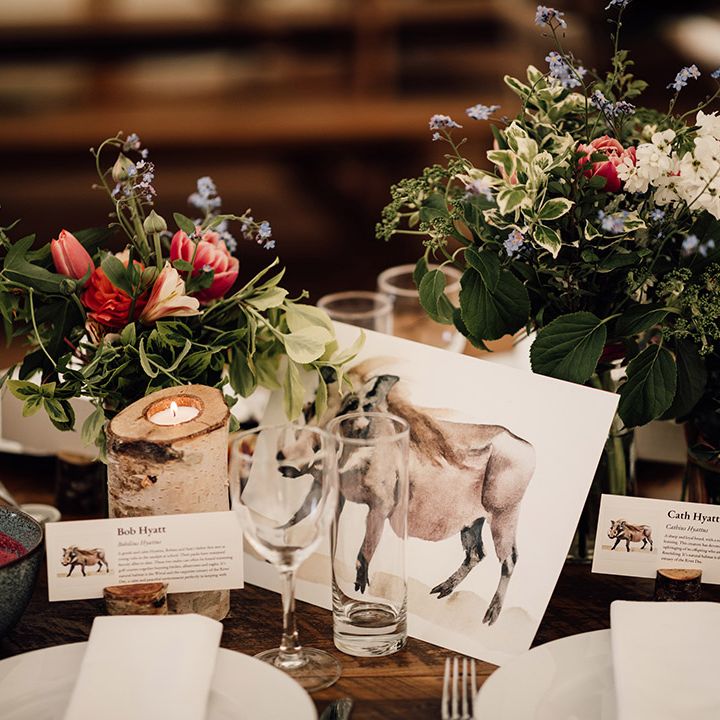 Animal theme wedding table name signs with matching place names 