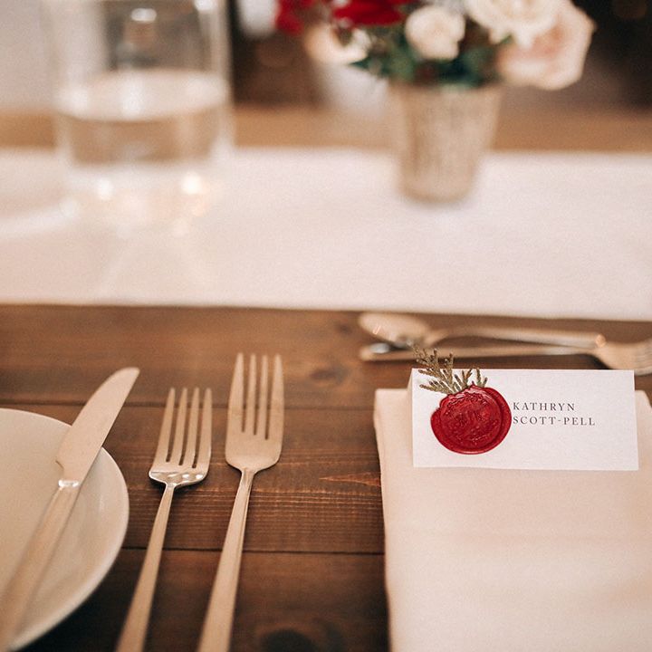 Simple black and white wedding place name with red wax seal at Aswarby Rectory 