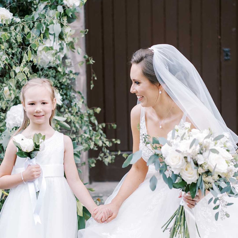 Classic bride in a tulle wedding dress and veil holding hands with the flower girl in a white dress