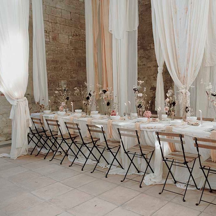 Hanging fabric installations at modern Blackfriars Priory wedding 