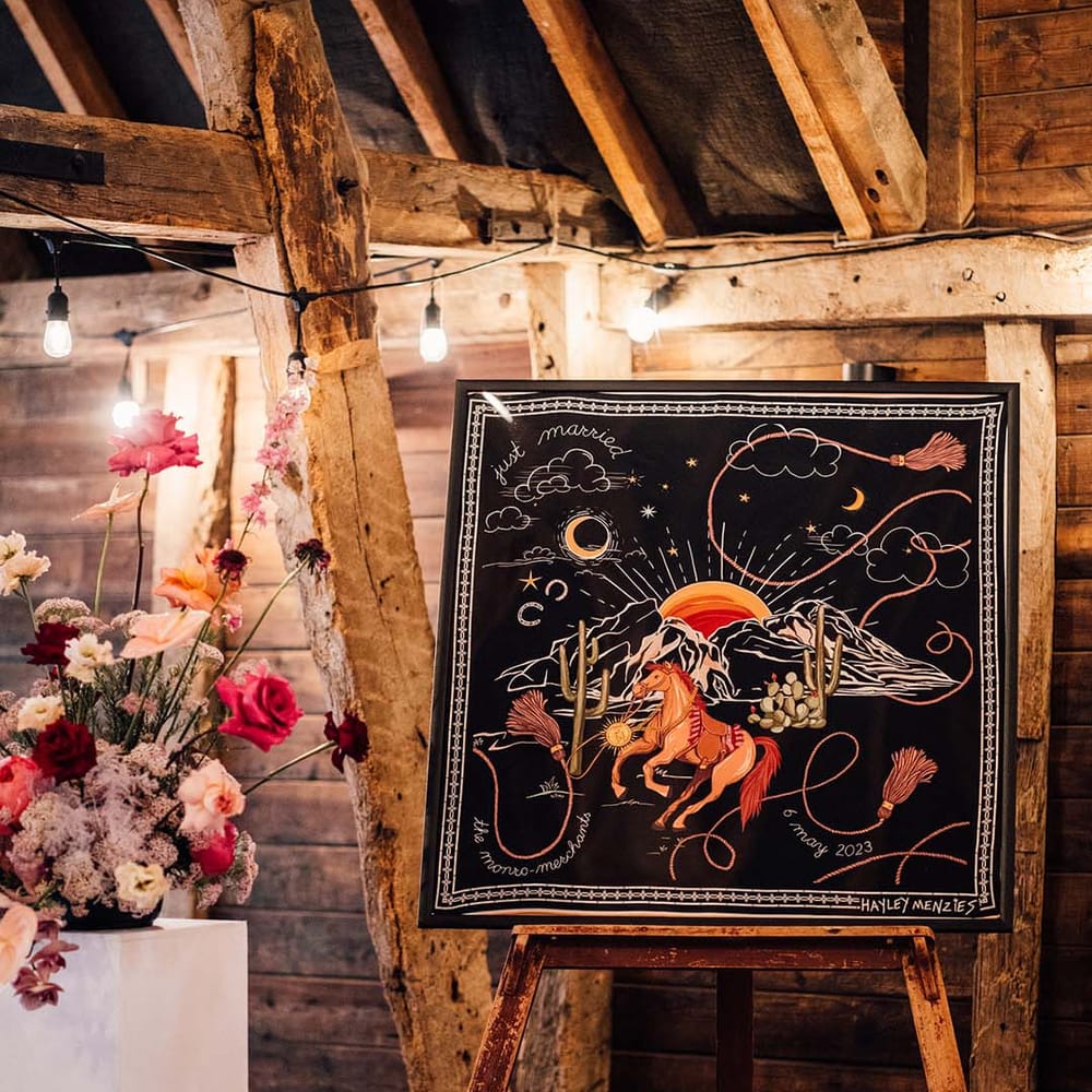 Fun painting wedding decoration for eccentric carnival style wedding at Preston Court in Kent 