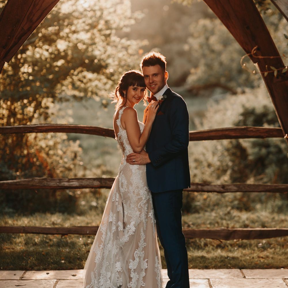 Bride and groom portrait at Millbridge Court wedding venue 