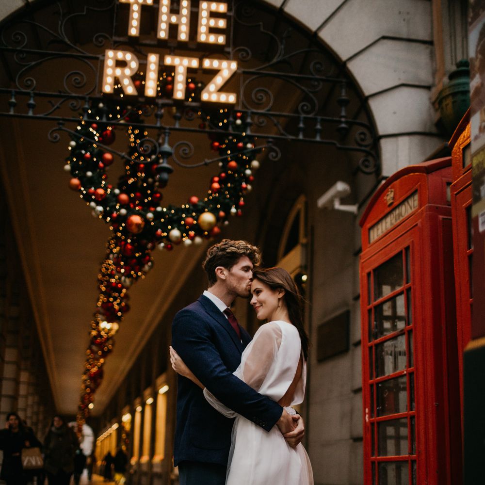 Bride and groom embracing outside the Ritz at Micro wedding 