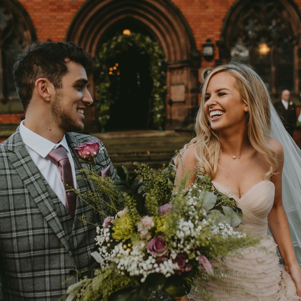 Bride in strapless wedding dress 