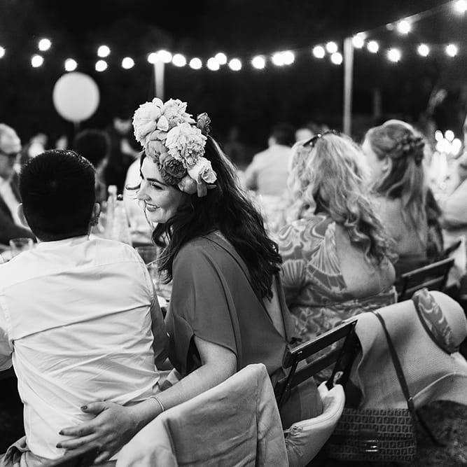 Wedding guests outdoors for wedding reception in Menorca