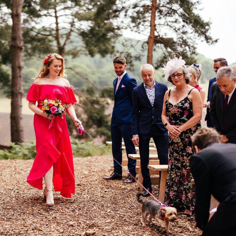 Bridesmaid in hot pink off the shoulder bridesmaid dress carrying colourful wedding bouquet walks dog down the aisle at woodland wedding ceremony 