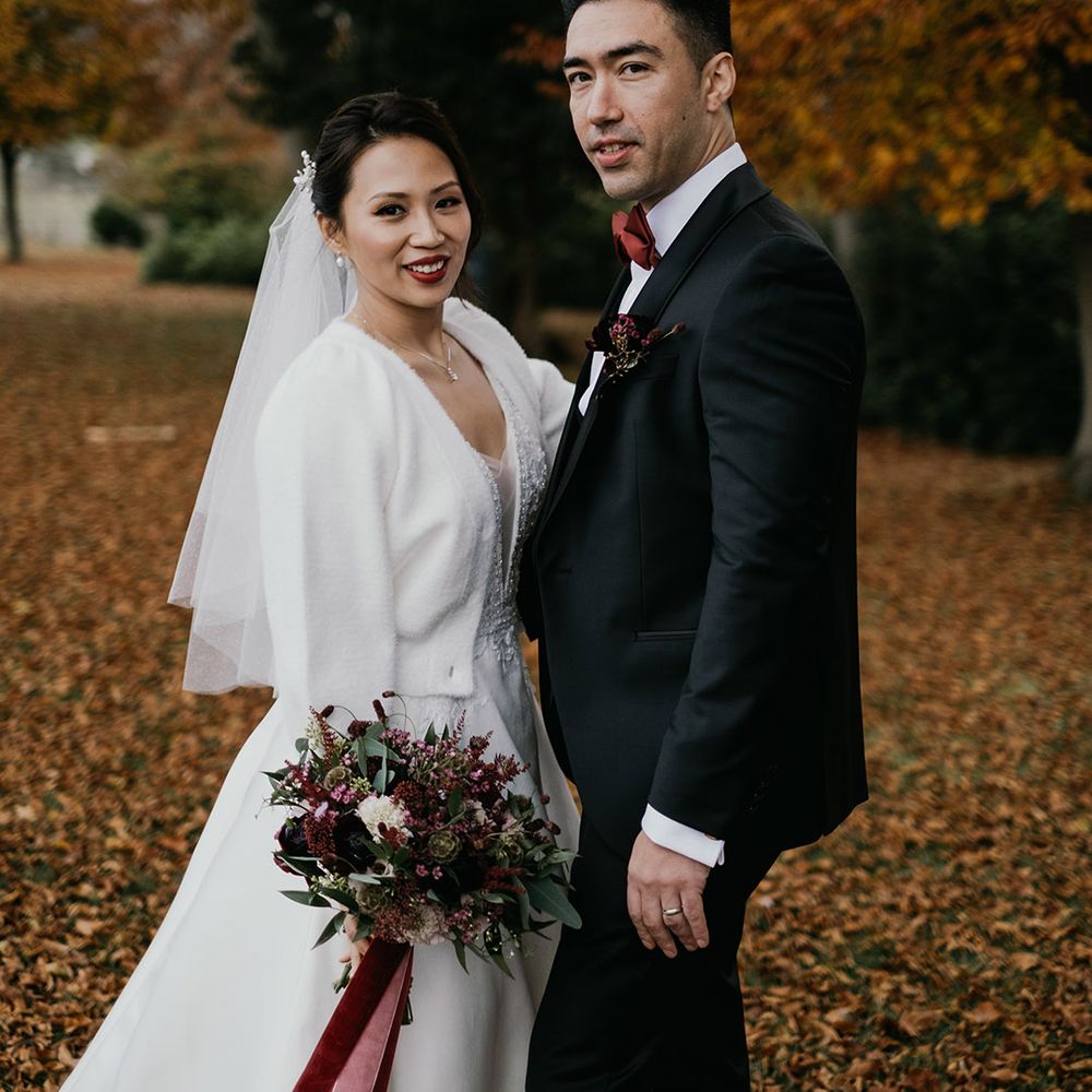 Bride and groom at luxe winter wedding at Danesfield House