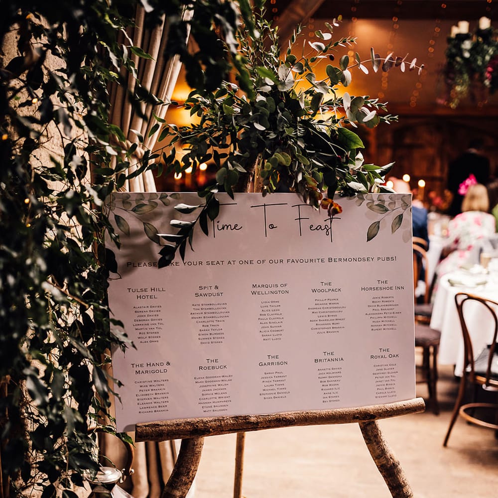 Simple and minimal wedding table plan with a leaf design and all the tables named after the couple's fave pubs 