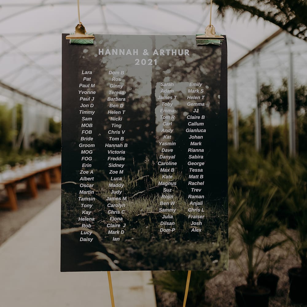 Botanical themed seating plan suspended in the air