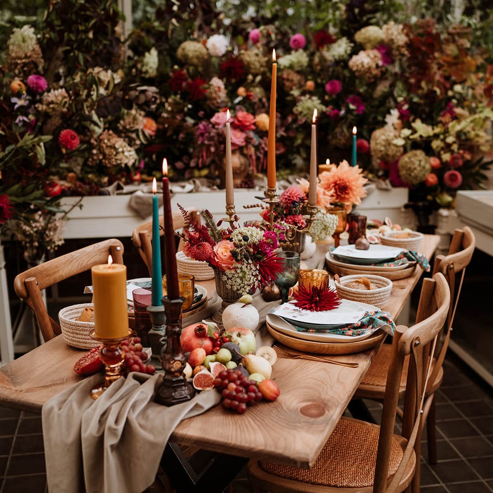 Neutral toned tablerunner on rustic wooden table, orange, green and red coloured glasses, earthenware, seasonal fruit and vegetables, red, brown and green tapered candles in gold candlesticks and clear vases with autumnal coloured flowers with lots of roses, carnations, eucalyptus and other dried flowers in the background