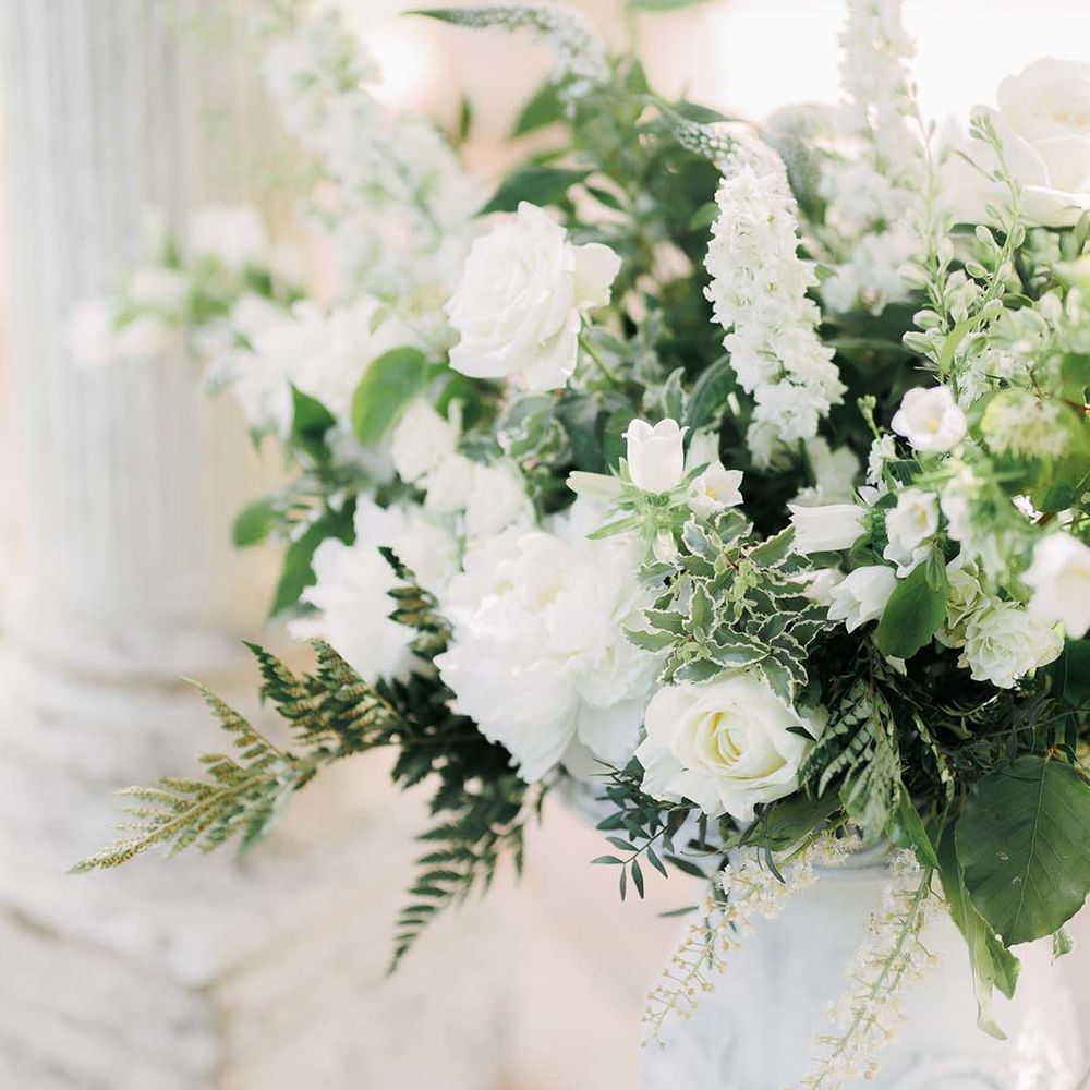 white wedding flowers with green foliage at classic wedding 