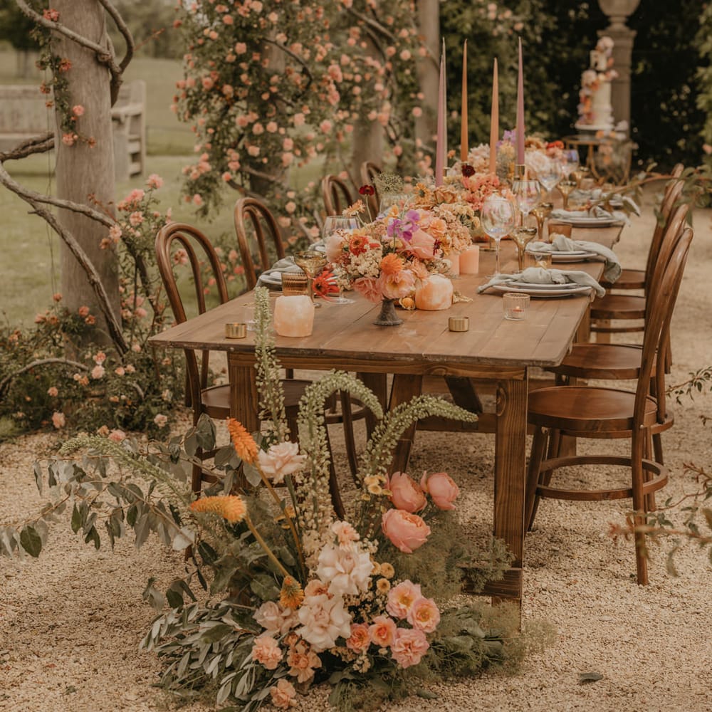 Outdoor wedding reception under a pergola with wooden table, pastel flowers, gold candlesticks and iridescent glassware 