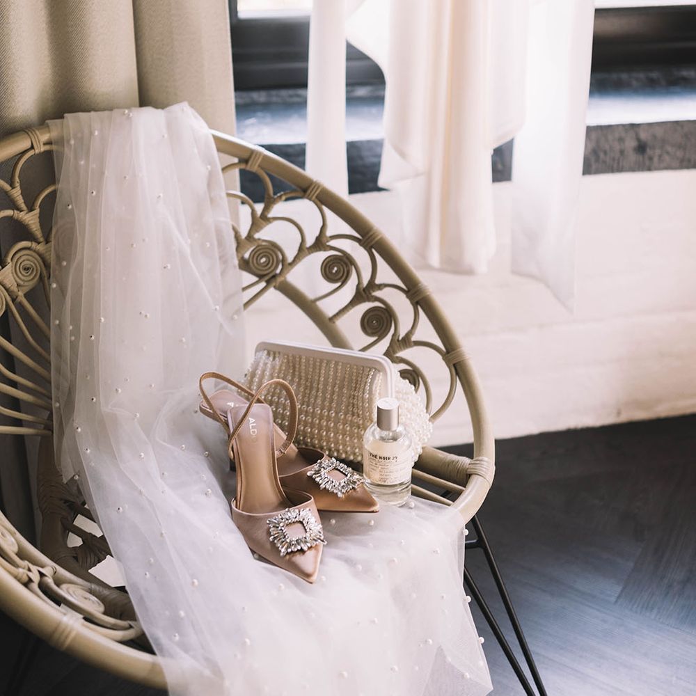 Pearl wedding clutch bag and embellished shoes bridal accessories 