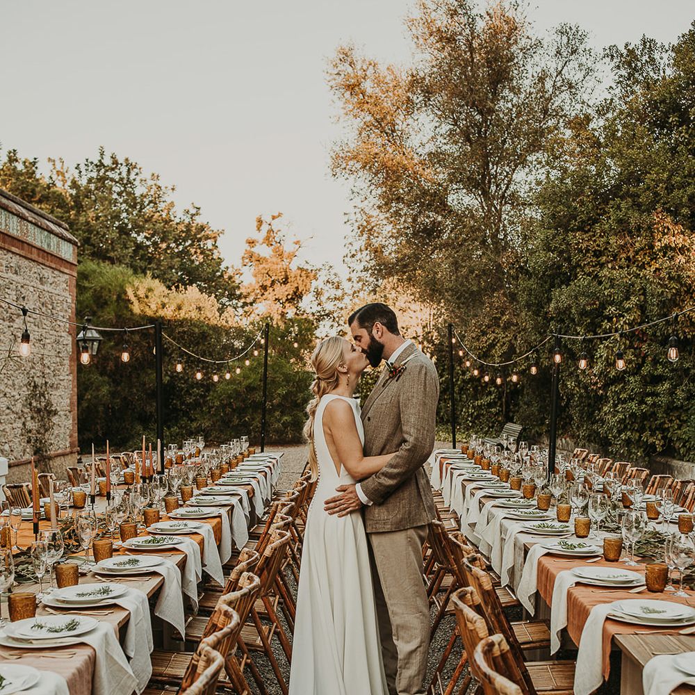Bride and groom at their outdoor Andalusia wedding reception 