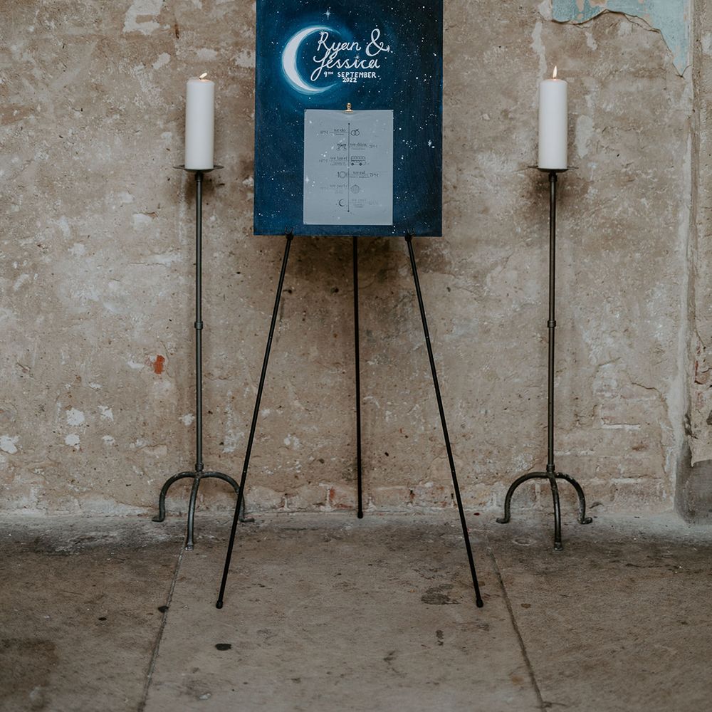 Celestial themed order of the day with industrial background at London wedding 