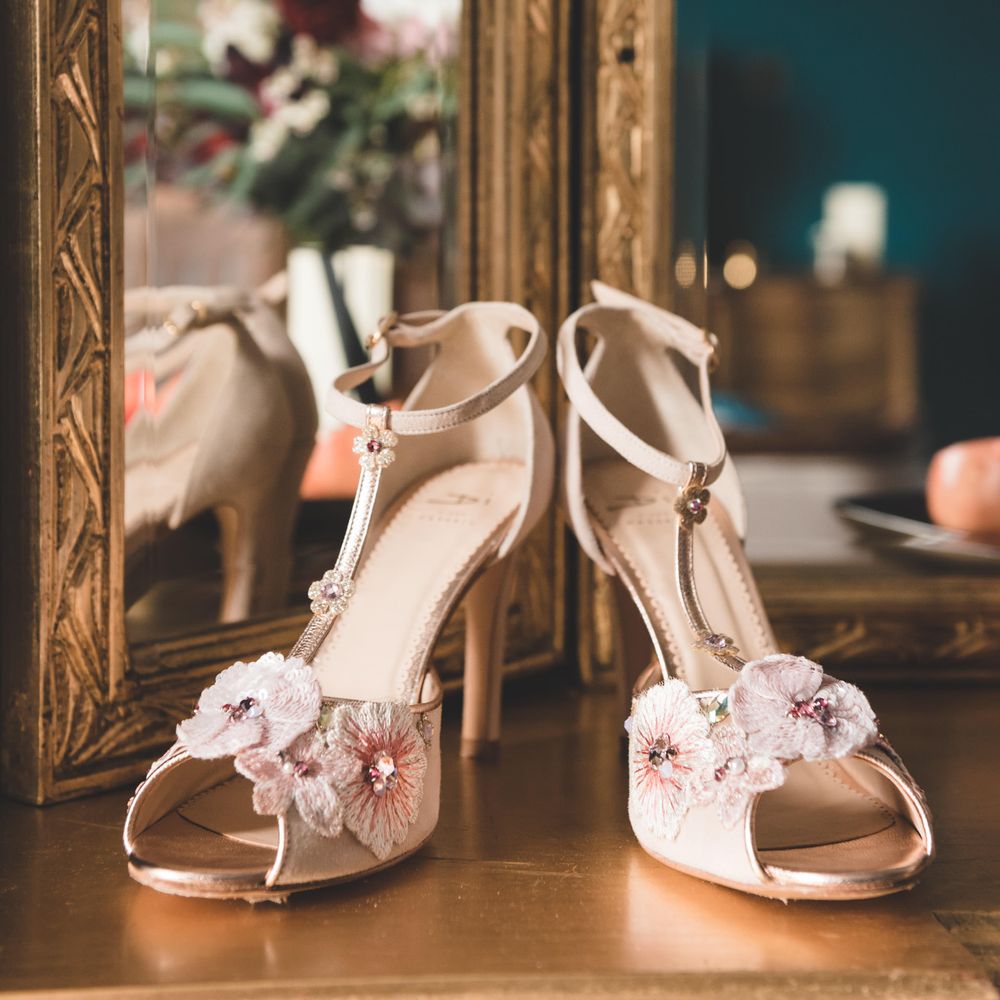 Diane Hassall T Bar wedding shoes with floral decor