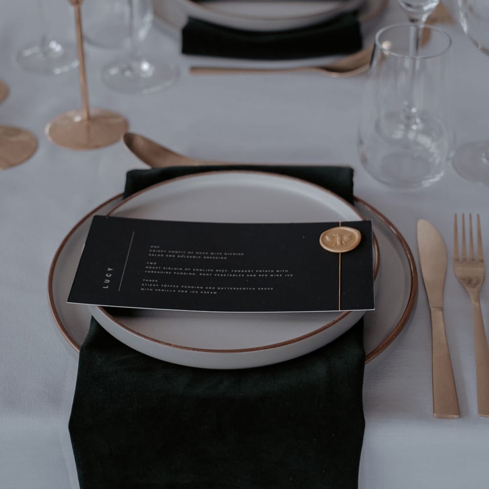 Place setting with name card including cold bee wax seal for Manchester Hall wedding 