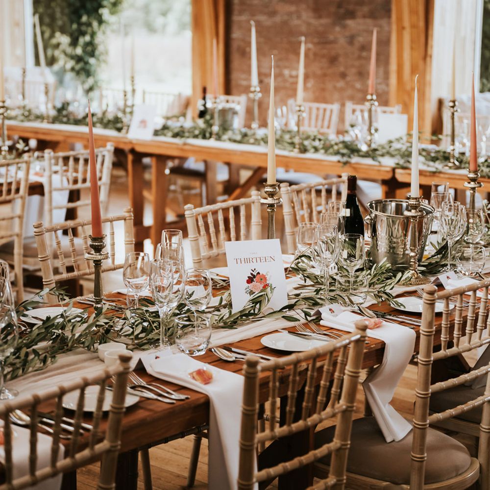 foliage table runner and taper candles wedding table decor 