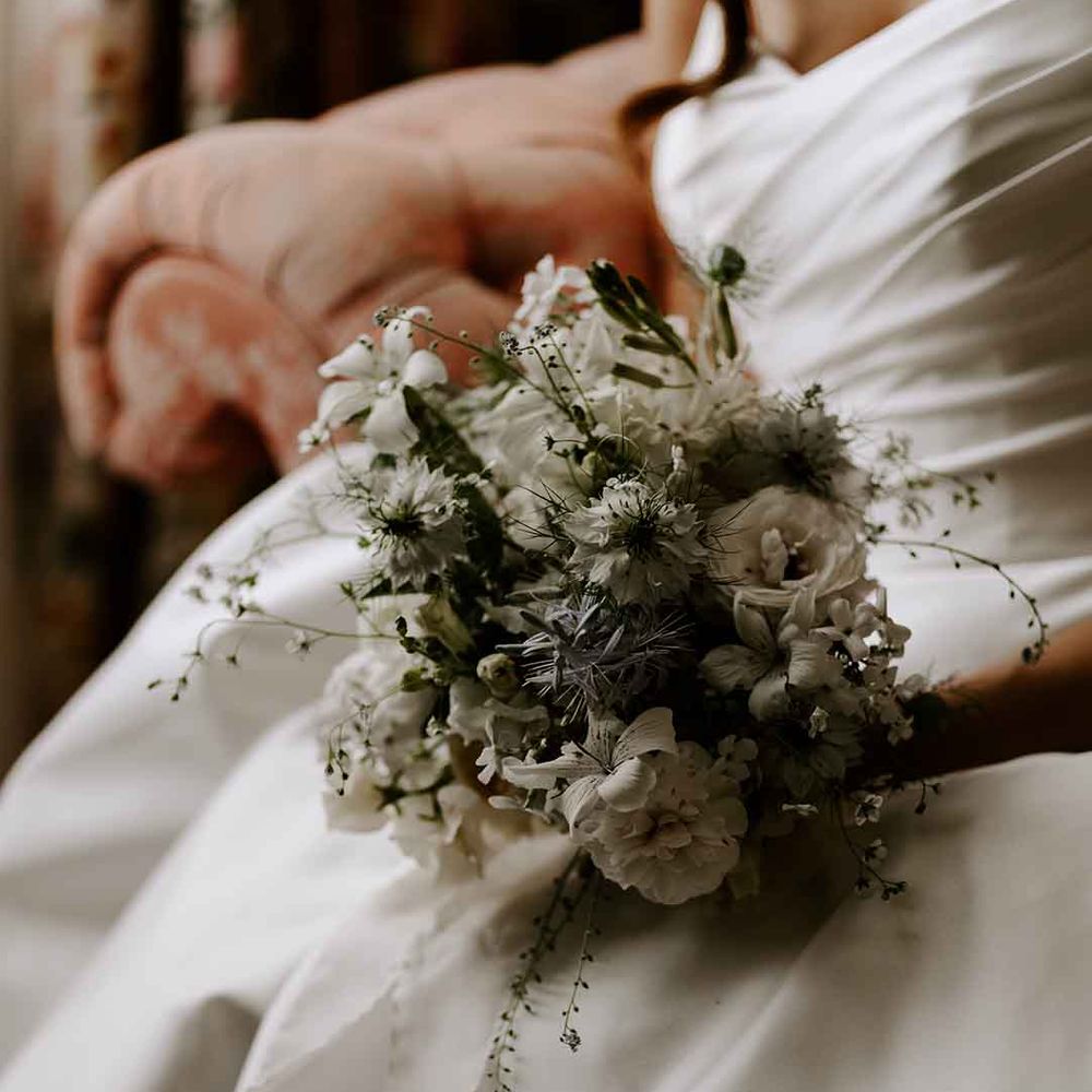 white flower and foliage bridal bouquet 
