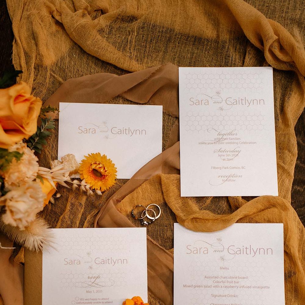 Wedding stationery suite with honeycomb design and yellow linens