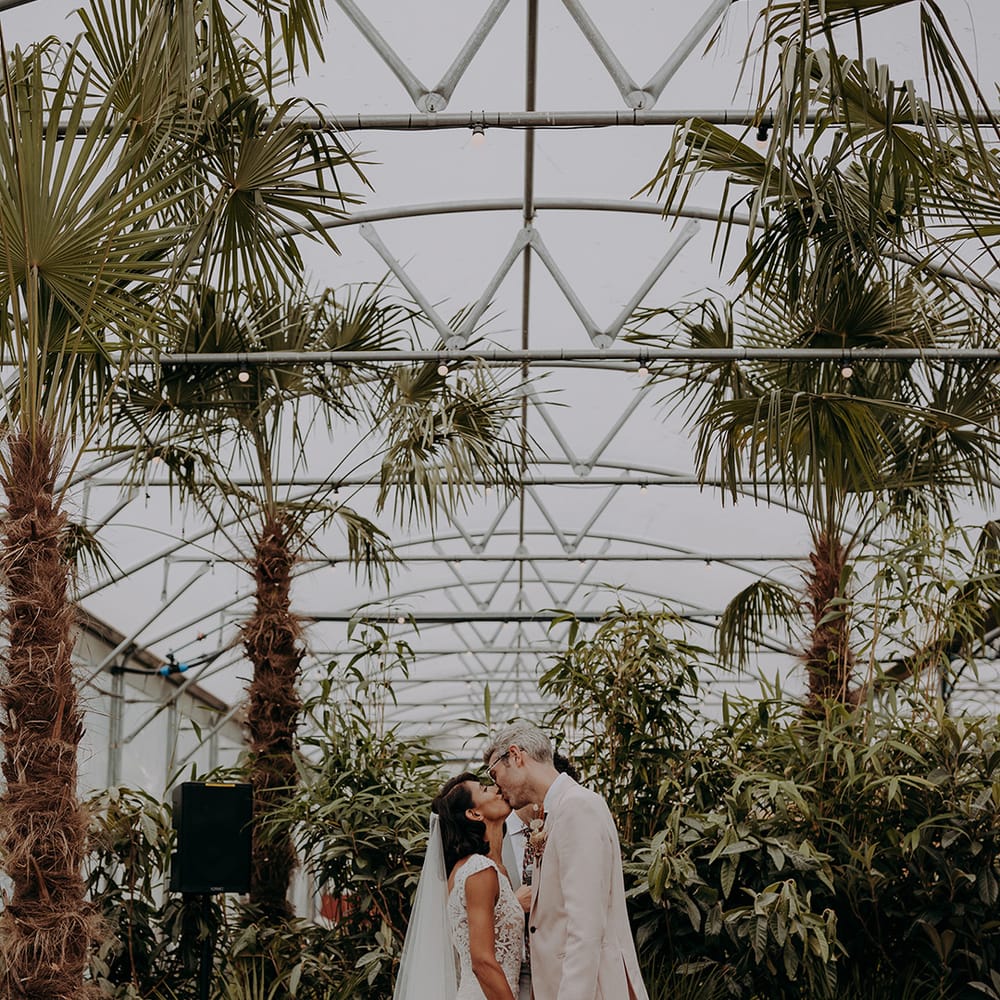 Bride in lace and tulle dress kisses groom in light pink suit in front of greenery