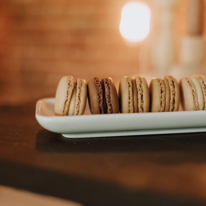 Warm toned macarons for wedding reception at Reymerston Hall