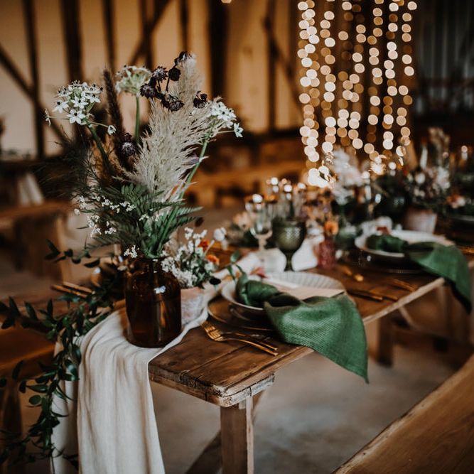 Rustic wedding table setting for barn wedding