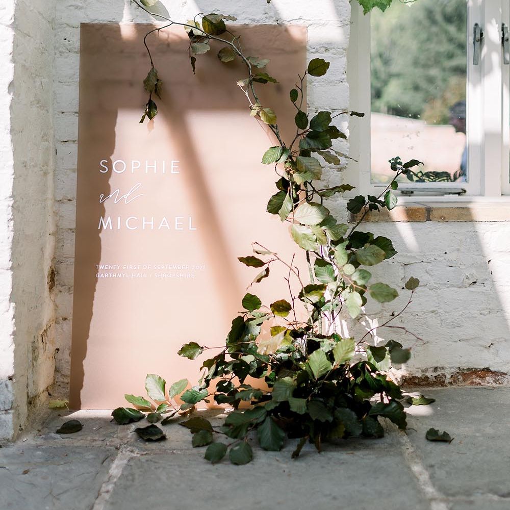 Blush pink contemporary wedding welcome sign by Vine In The Wild