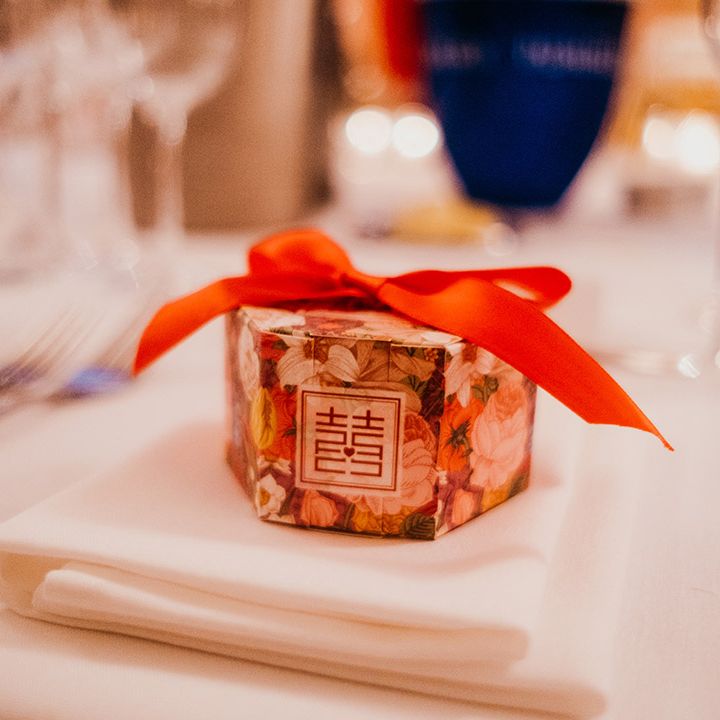 Wedding favours in box tied with ribbon