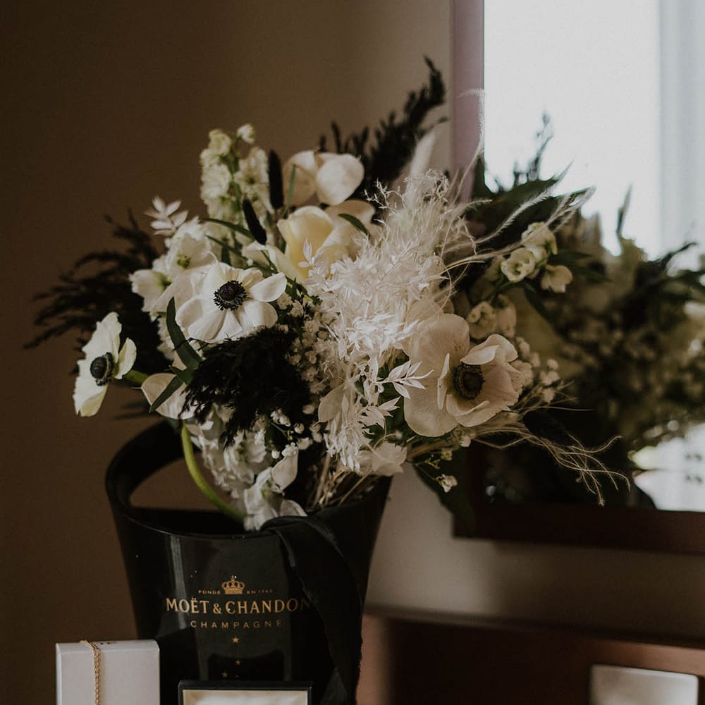 White flower wedding bouquet with Tom Ford perfume, gold jewellery bridal accessories
