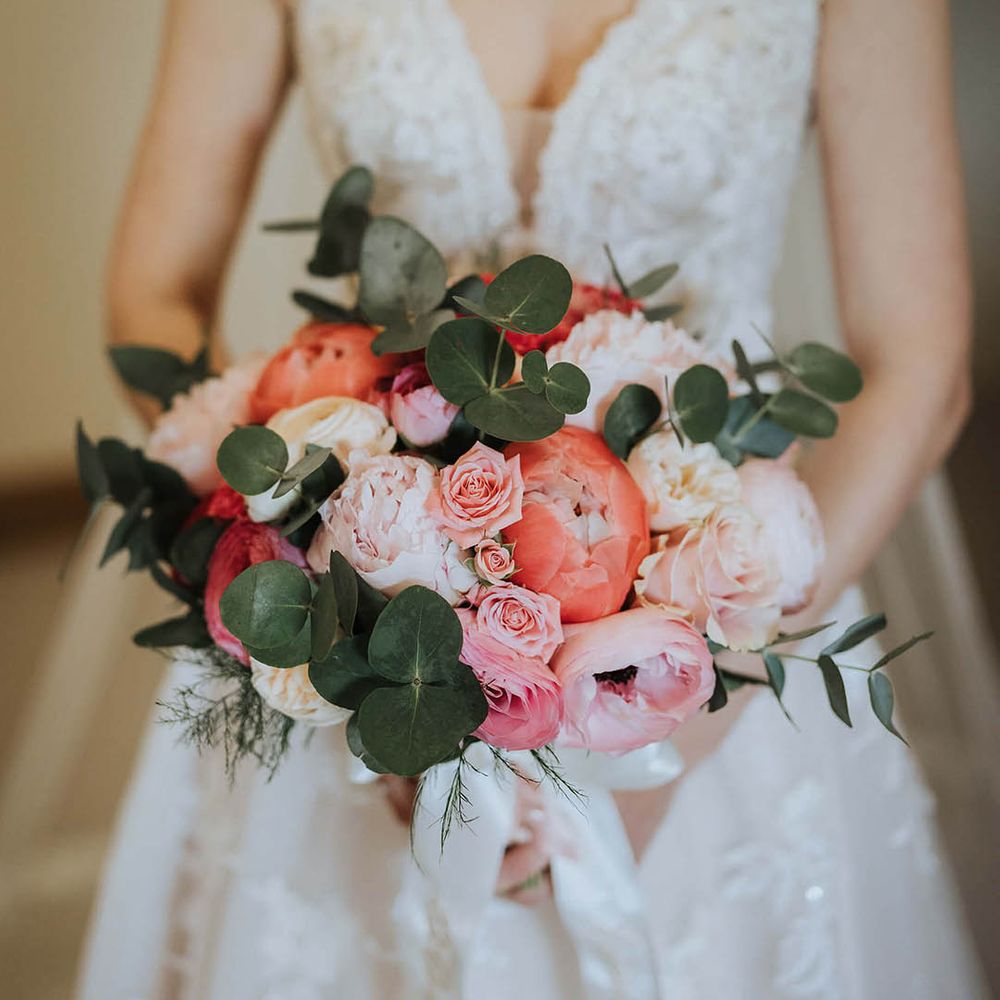 Pink and white peony and rose wedding bouquet 