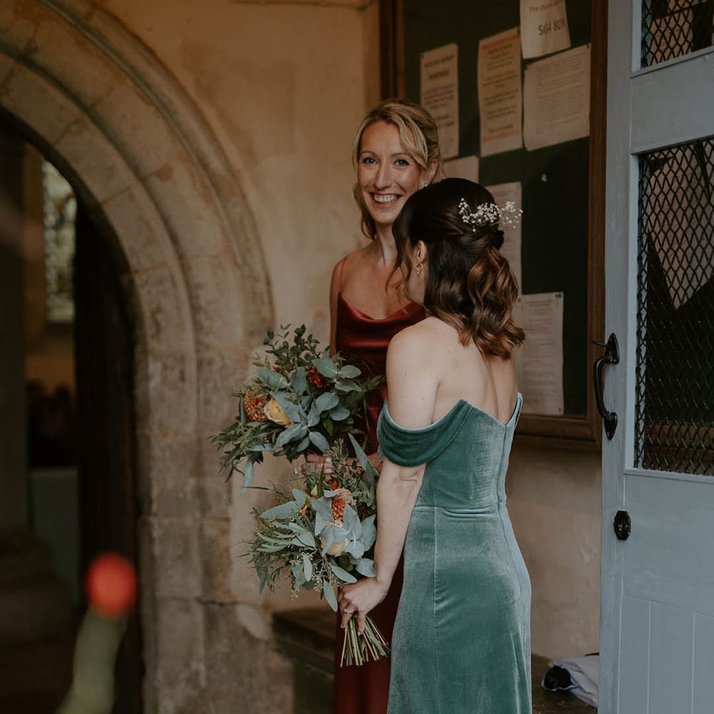 Velvet bridesmaid dresses for Autumn wedding at The Barns at Redcoats