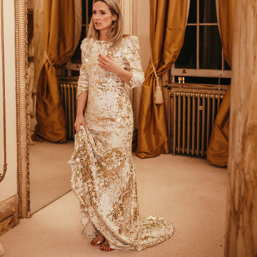Bride wears Abigail Of Gardenia sequin wedding gown for reception 