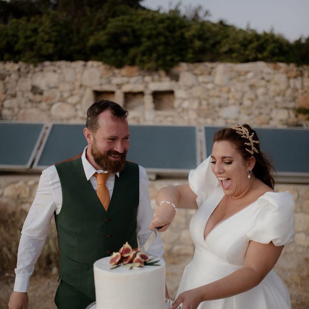 bride and groom cutting the iced wedding cake with figs during the wedding reception at private villa wedding in Greece