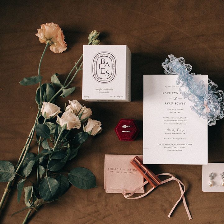 Wedding invitation, Penhaligon's perfume, wedding jewellery with pearls and more 