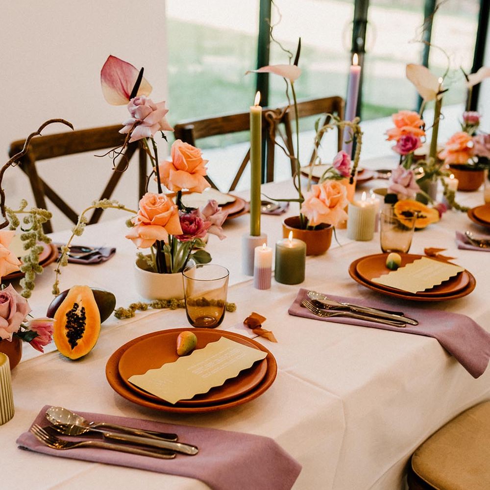 Terracotta wedding plates with lavender wedding napkins, fruit decor, and green and purple candles 