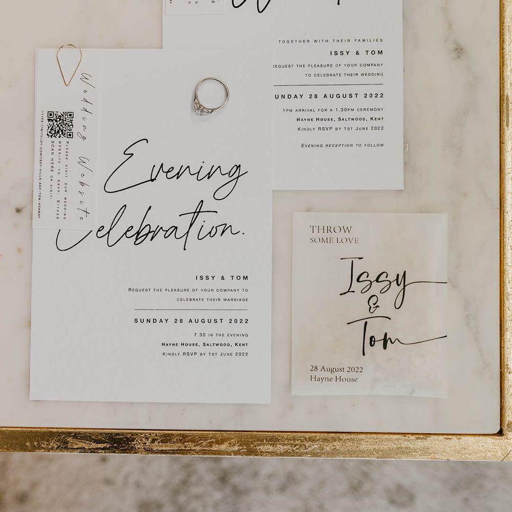 Black and white wedding stationery with confetti packet with QR codes for the wedding website and the bride's engagement ring 