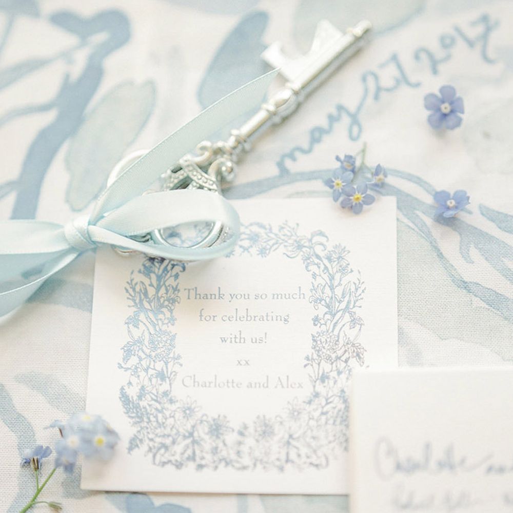 Light pastel blue floral pattern for elegant and timeless wedding stationery suite 