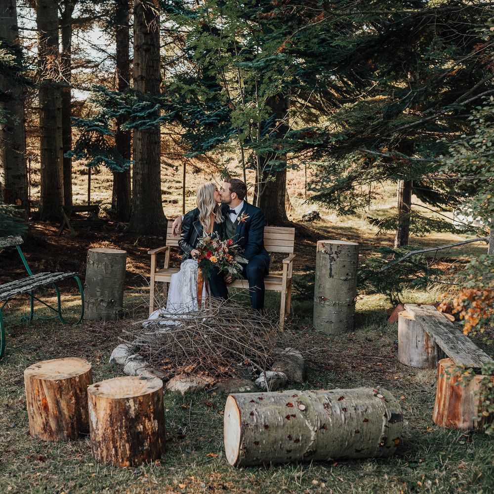 Woodland ceremony setup with tree trunks and wooden bench 