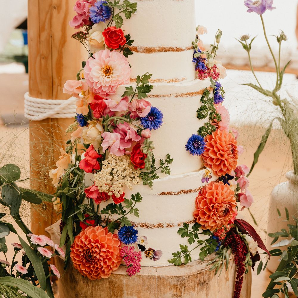 Semi naked wedding cake on rustic tree stump cake stand decorated with colourful wedding flowers 